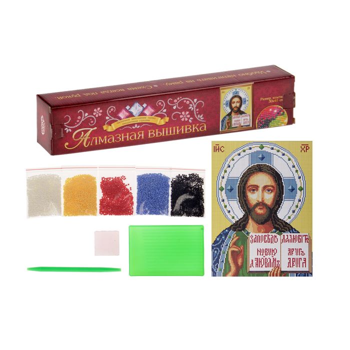 Алмазная вышивка 30*40 "Спас Вседержитель" холст, емкость, стержень с клеевой подушечкой