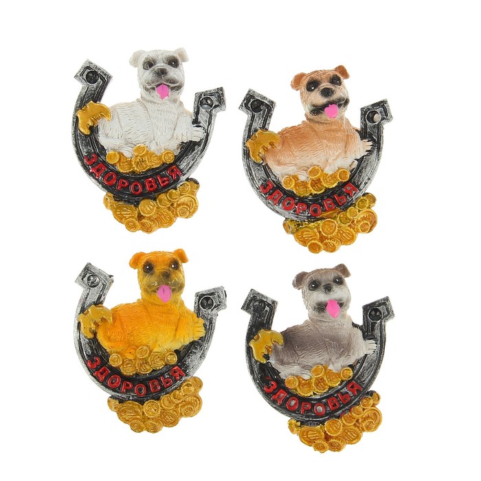Магнит полистоун "Бульдог на подкове с пожеланием и золотыми монетами" МИКС 6х5,2 см