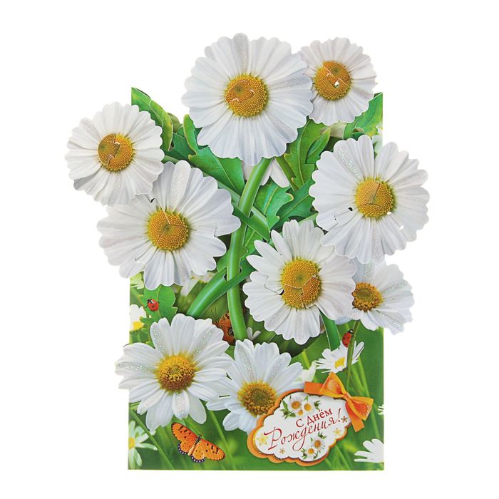 Открытка "С Днем Рождения" ромашки, объемная, А5, блестки