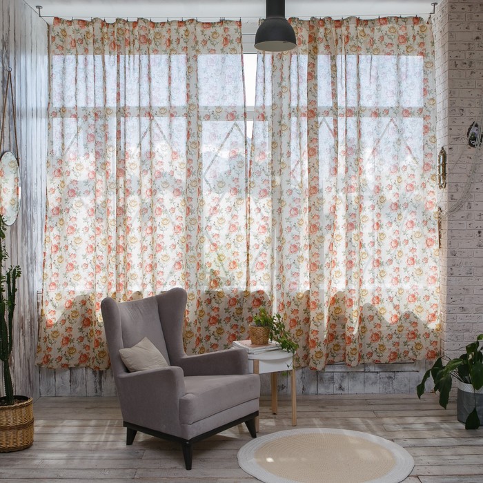 Штора портьерная "Этель" 290х260, Розовые пионы, полулён, 15% лён, 85% п/э