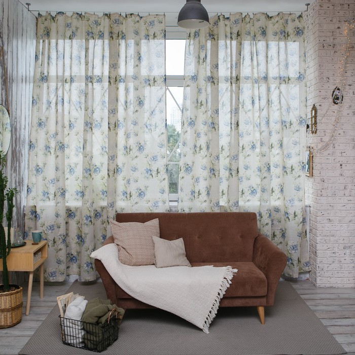 Штора портьерная "Этель" 145х280, Синие пионы, полулён, 15% лён, 85% п/э