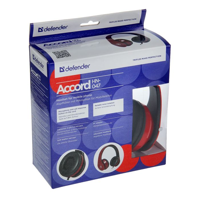 Гарнитура DEFENDER Accord HN-047, для смартфонов, кабель 1.2 м, красная