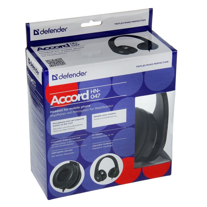 Гарнитура DEFENDER Accord HN-047, для смартфонов, кабель 1.2 м, чёрная