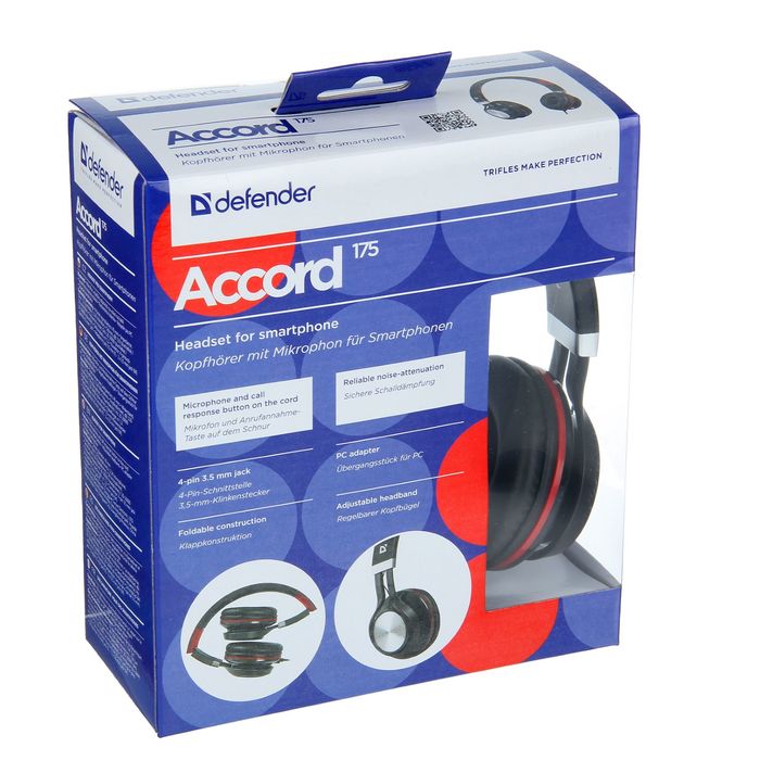 Гарнитура DEFENDER Accord 175, для смартфонов, кабель 1.2 м, чёрно-красная