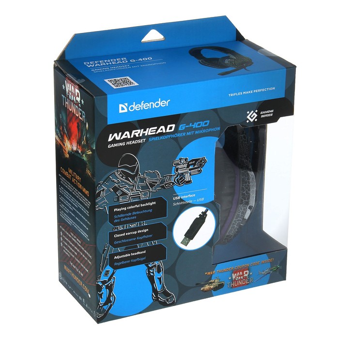 Гарнитура игровая DEFENDER Warhead G-400 USB, подсветка, кабель 2.5 м, чёрно-фиолетовая