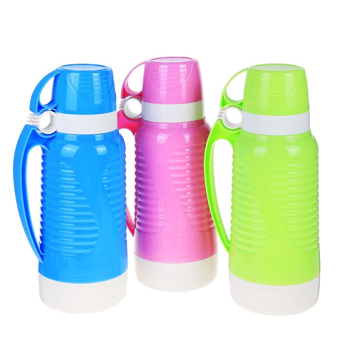 Термос 1800 мл, пробка винтовая, 2 кружки, ребристый, микс, 16х35 см