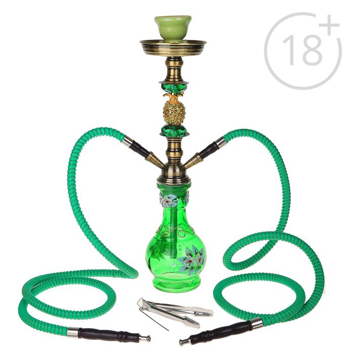 Кальян 46 см, колба зеленая с цветами, шахта бронза, с золотой вставкой, 2 тр 11х11х42,5