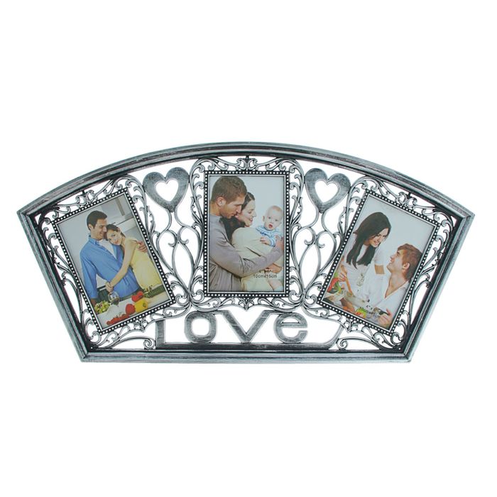 Фоторамка пластик на 3 фото 10х15 см "Любовь. Сердца" состаренное серебро 27х56 см