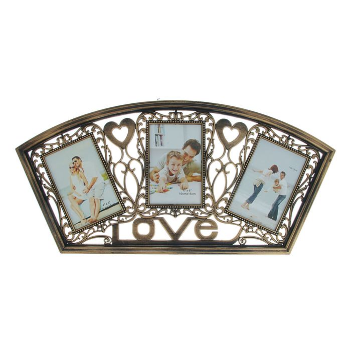 Фоторамка пластик на 3 фото 10х15 см "Любовь. Сердца" состаренное золото 27х56 см