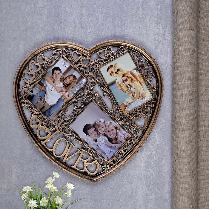Фоторамка пластик на 3 фото 10х15 см "Сердце" состаренное золото 38,5х40,5 см