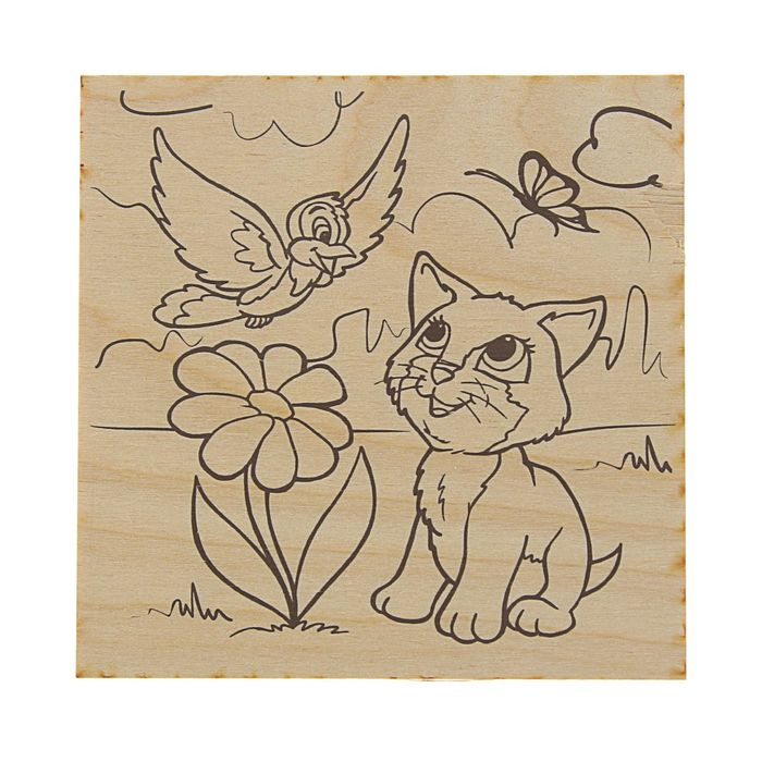 Доска для выжигания "Котенок и птичка" 15 х 15 см