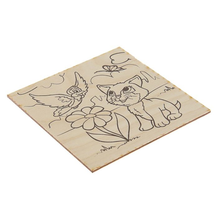 Доска для выжигания "Котенок и птичка" 15 х 15 см