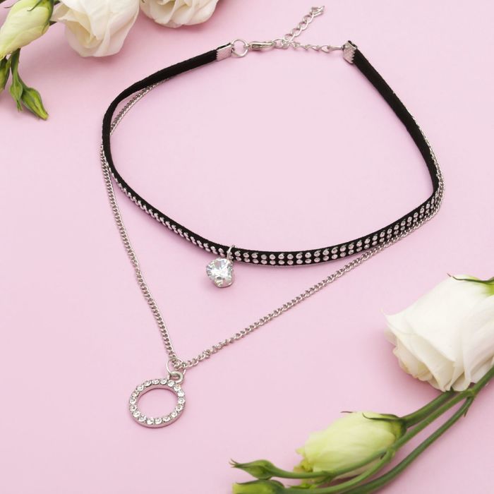 Чокер "Новый стиль" двойной, круг с бусиной, цвет чёрно-серебряный