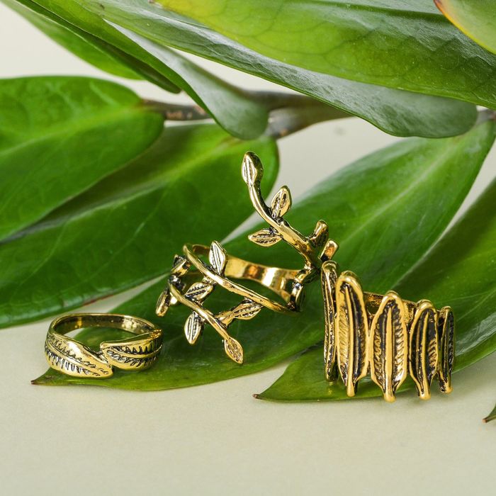 Кольцо "Ассорти" перо, размер 14,17,18 МИКС, цвет чернёное золото