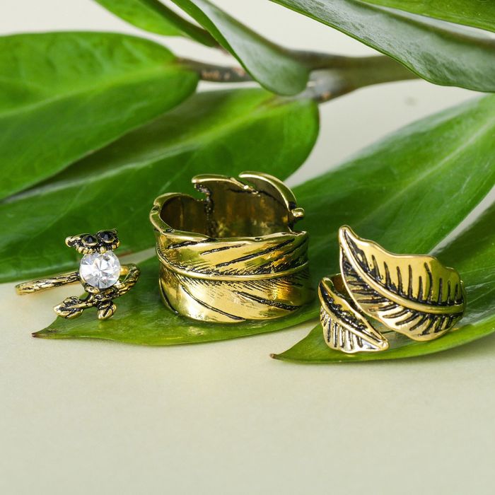 Кольцо "Ассорти" сова с листочками, размер 14,17,18 МИКС, цвет чернёное золото