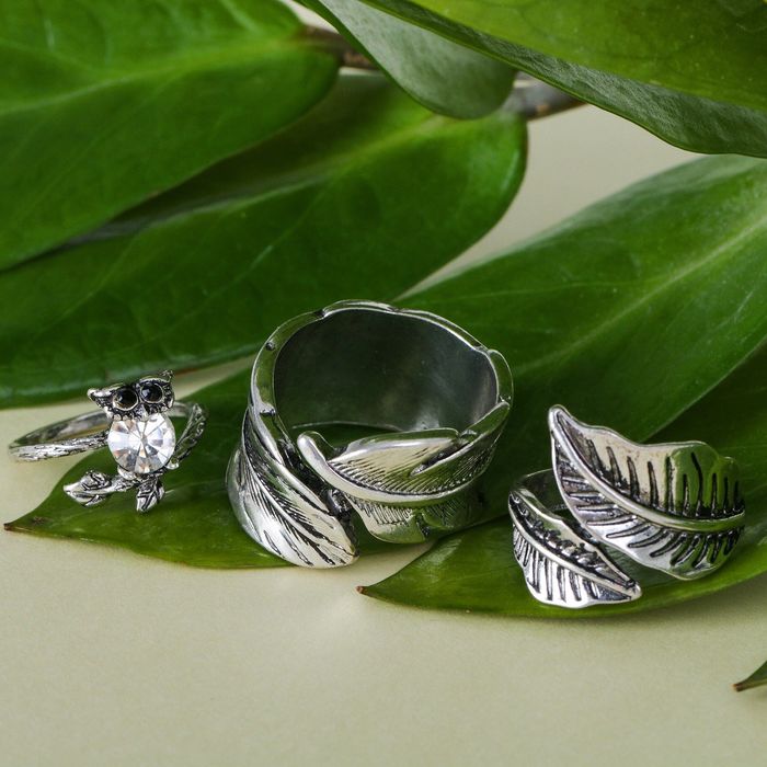 Кольцо "Ассорти" сова с листочками, размер 14,17,18 МИКС, цвет чернёное серебро