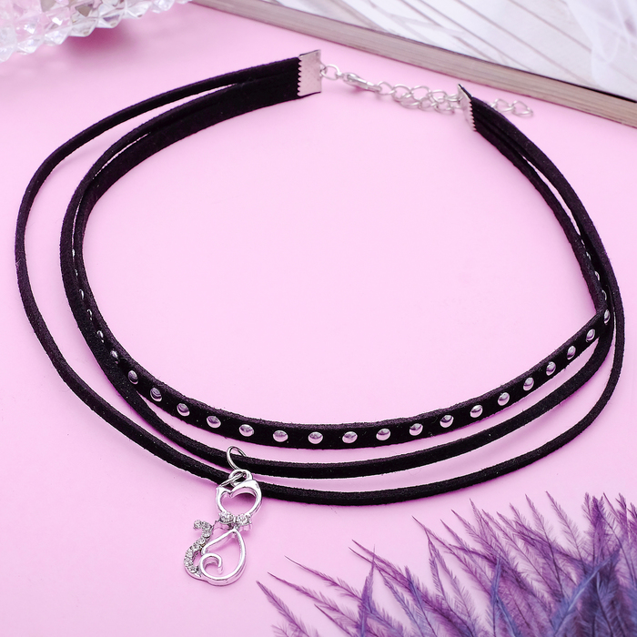 Чокер "Трио" кошечка, цвет чёрно-серебряный