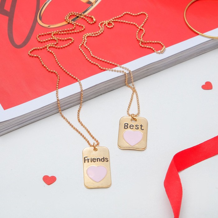 Кулон "Неразлучники", best friends, сердце в прямоугольнике, цвет розовый в золоте