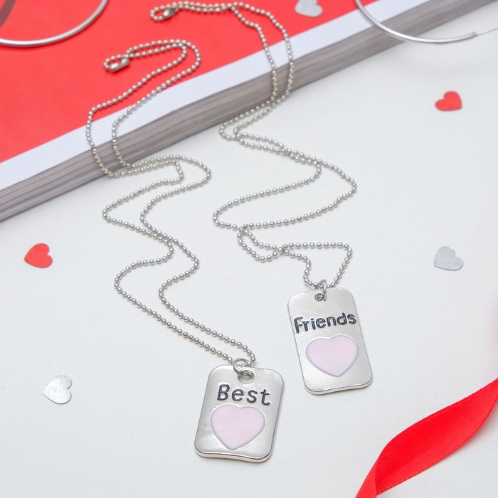 Кулон "Неразлучники", best friends, сердце в прямоугольнике, цвет розовый в серебре