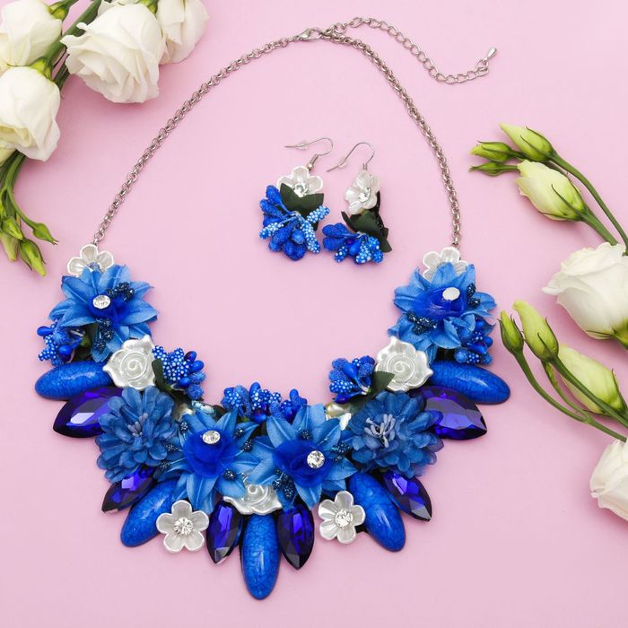 Набор 2 предмета: серьги, колье "Шальная императрица" цветущий сад, цвет бело-синий в серебре 2271