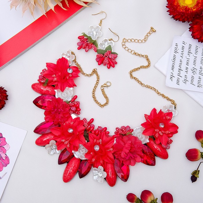 Набор 2 предмета: серьги, колье "Шальная императрица" цветущий сад, цвет бело-красный в серебре 22