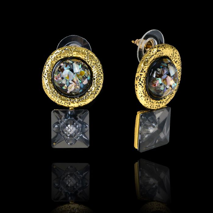 Серьги "Круг" с квадратом, цветные в чернёном золоте