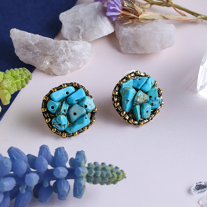 Серьги "Бирюзовый мир" круг в рамке, цвет голубой в чернёном золоте