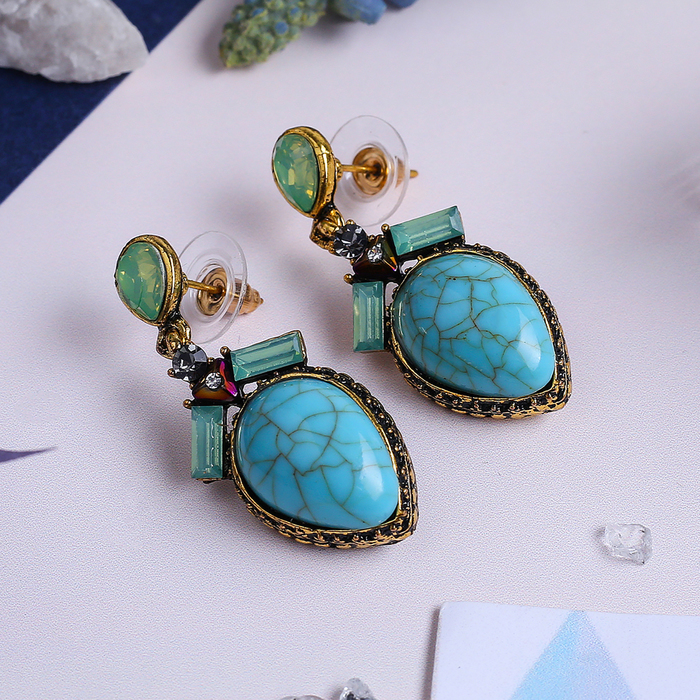 Серьги "Бирюзовый мир" капля с прямоугольниками, цвет голубой в чернёном золоте