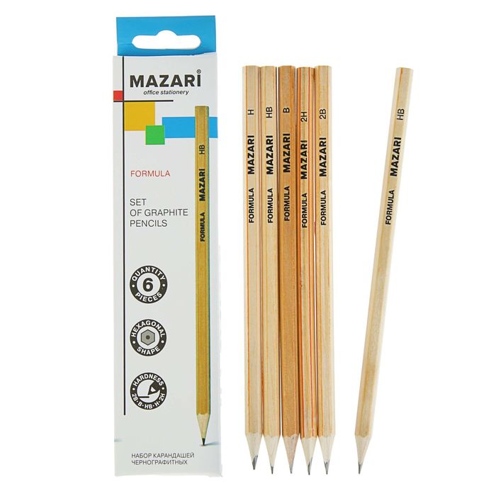 Набор карандашей чернографитных разной твердости MAZARI Formula 6 штук М-6129 (2Н,Н,B,2B,НВ) шестиг