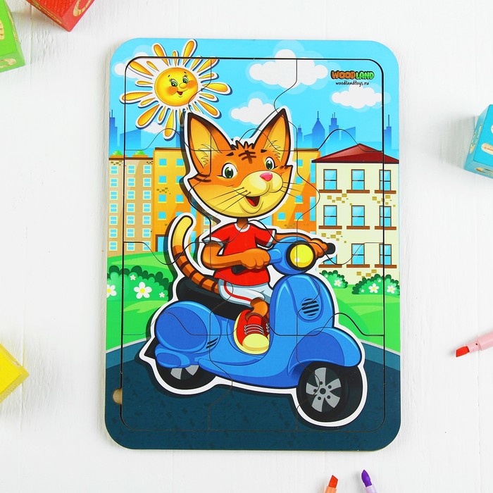 Пазл деревянный простой "Котик на мопеде"