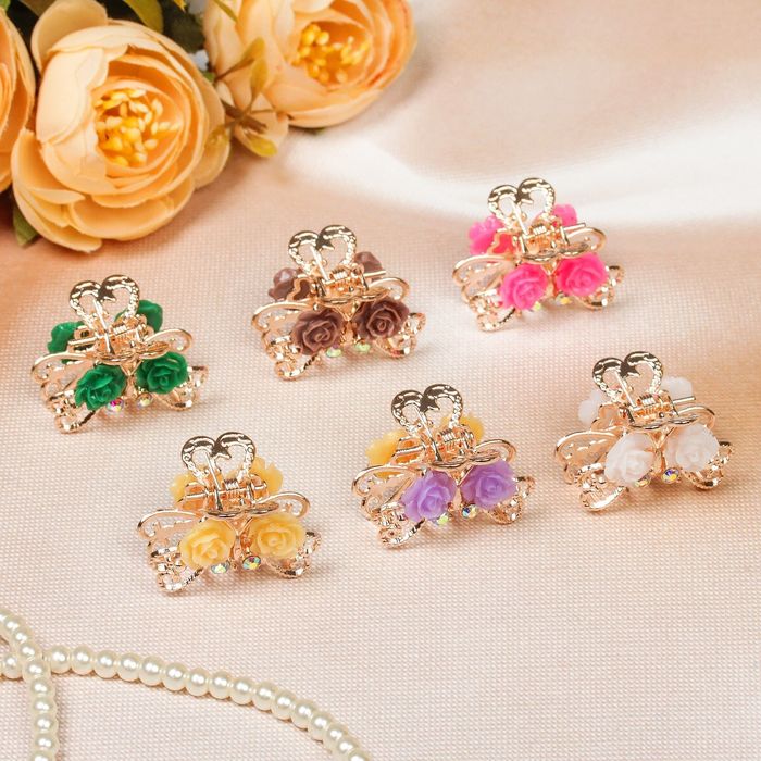 Краб для волос "Двойной цветочек" 2,5 см розы цвет микс