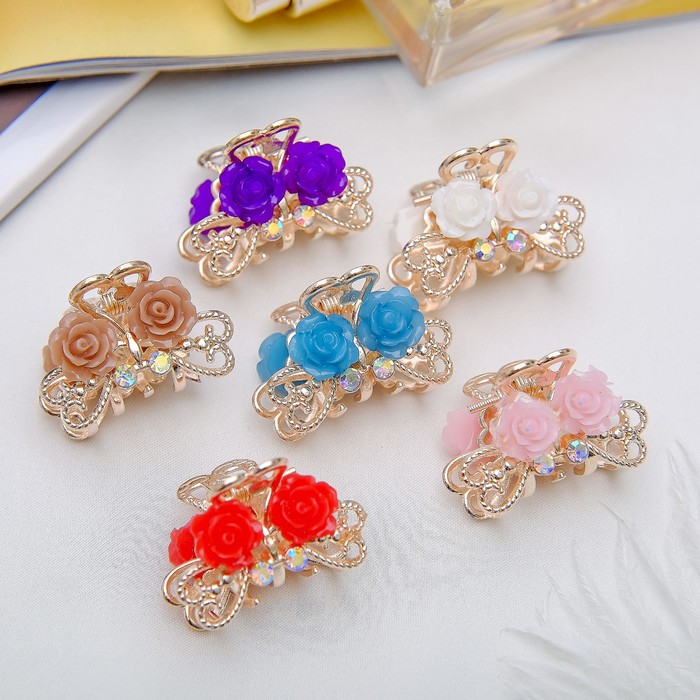 Краб для волос "Двойной цветочек" 2,5 см розы цвет микс