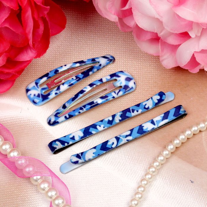 Набор невидимок для волос "Яркая заливка" 8 шт (4 шт-4,8 см,4 шт-6,5 см) голубые веточки