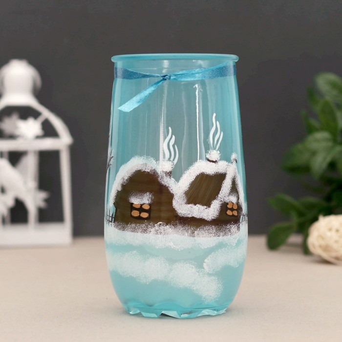 Ваза "Зима в деревне", голубая