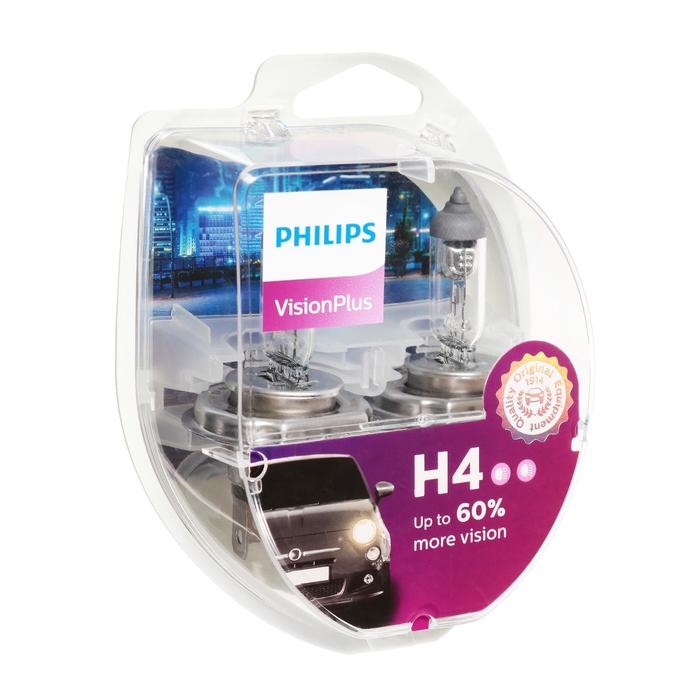 Лампа автомобильная Philips, Vision Plus, H4, 12 В, 60/55 Вт, P43t, 2 шт лампа автомобильная osram cool blue intense h4 p43t 12 в 60 55 вт набор 2 шт