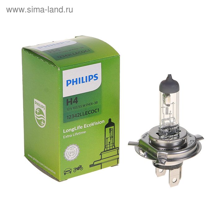 Лампа автомобильная Philips, LongLife EcoVision, H4, 12 В, 60/55 Вт, P43t-38 автолампа narva 30% range power blue h4 p43t 38 12 в 60 55 вт 48677 rpb s2 2шт