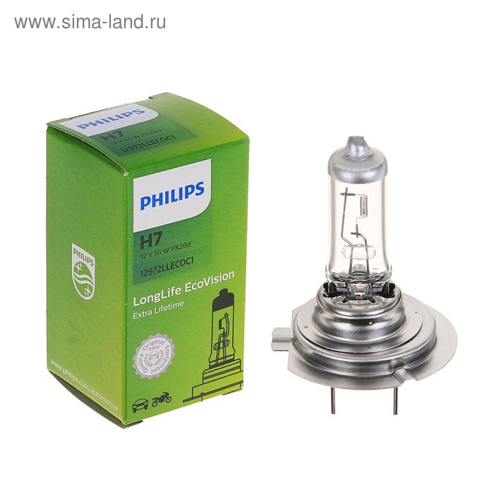 Лампа автомобильная Philips, LongLife EcoVision, H7, 12 В, 55 Вт, PX26d лампа автомобильная osram h7 12 в 55 вт px26d