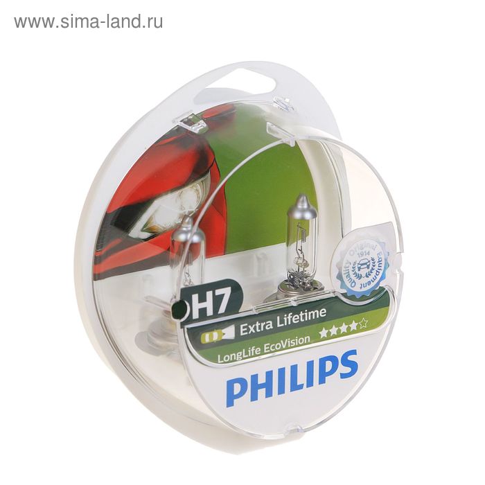 Лампа автомобильная Philips, LongLife EcoVision, H7, 12 В, 55 Вт, PX26d, 2шт лампа автомобильная osram h7 12 в 55 вт px26d