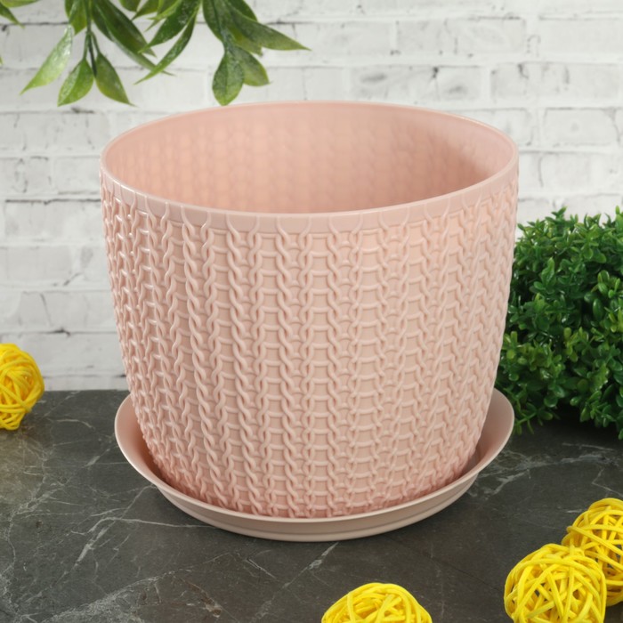 Кашпо 1,4 л с поддоном d=13,5 см "Вязание", цвет чайная роза