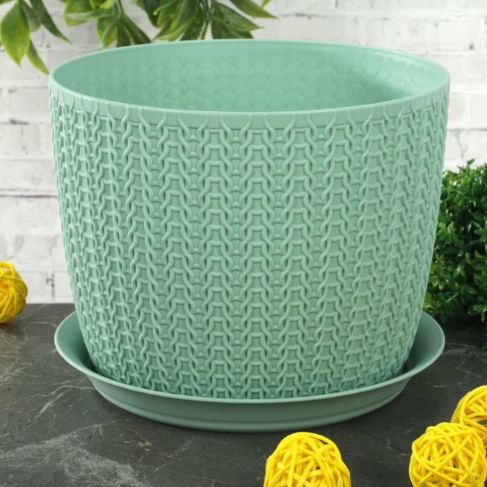 Кашпо 1,9 л с поддоном d=15,5 см "Вязание", цвет фисташковый