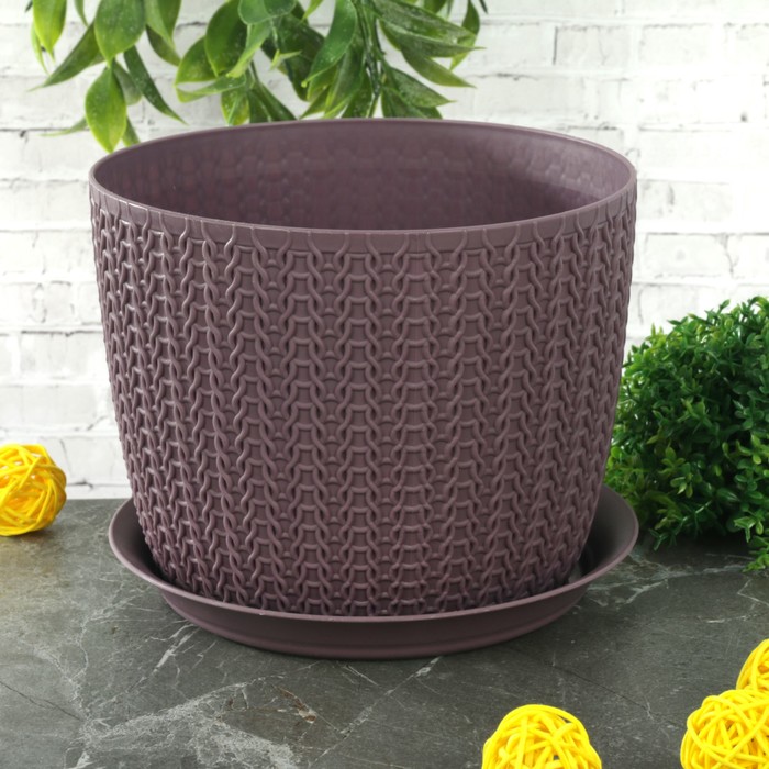 Кашпо 1,9 л с поддоном d=15,5 см "Вязание", цвет пурпурный