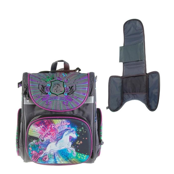 Ранец Стандарт раскладной Stavia 37*26*15 дев 3D "Лошадка", серый 7707