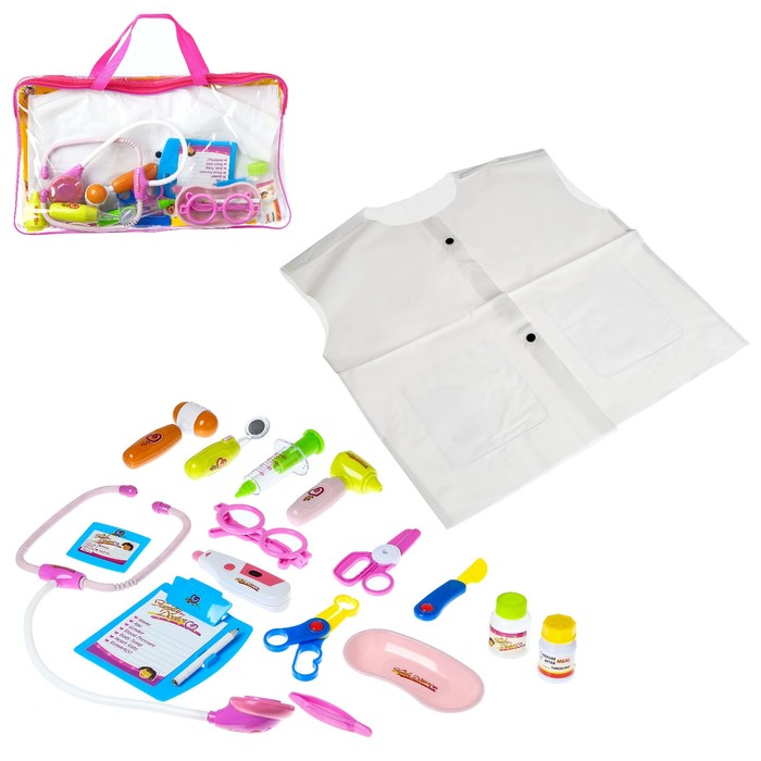 Игровой набор "Доктор", 12 предметов + халат и шапочка