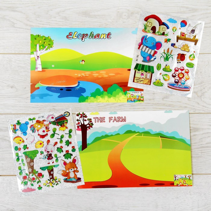 Аппликация наклейками "Веселые животные" 2 листа основы, 2 листа наклеек