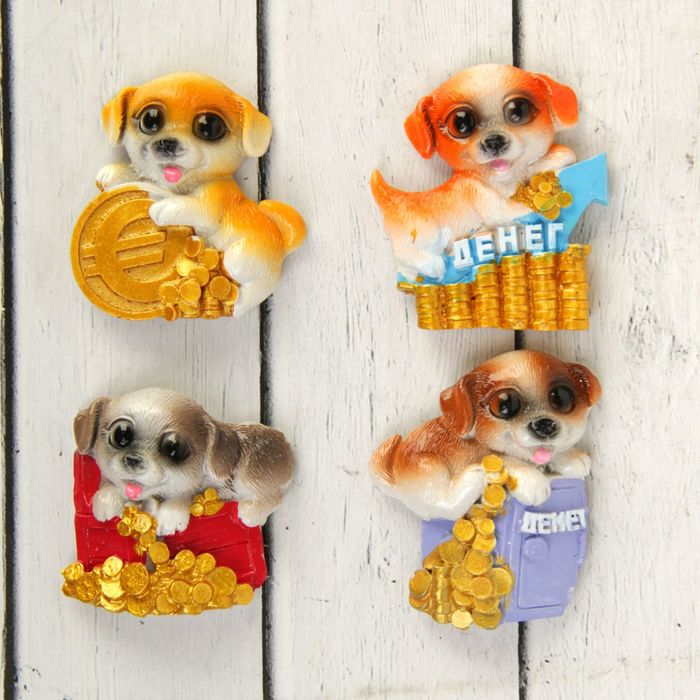 Магнит полистоун "Маленький щенок с золотыми монетами" МИКС 4,5х5 см