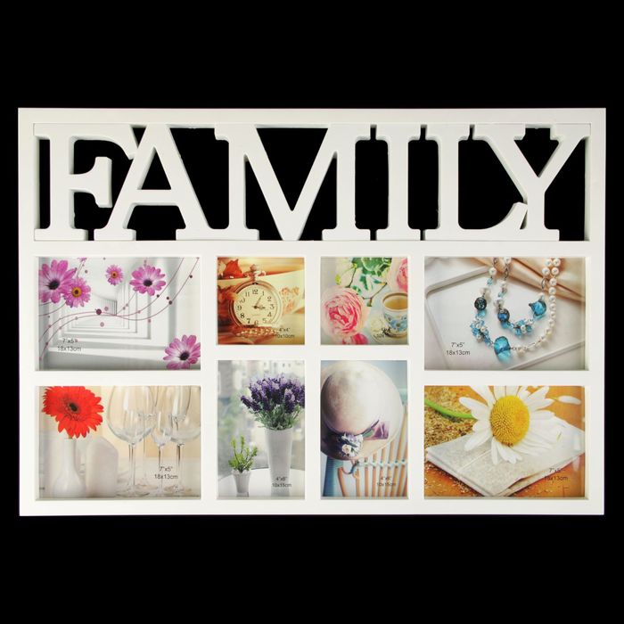 Фоторамка пластик на 8 фото 10х10, 10х15, 13х18 см "Семейная" белая 42х59 см
