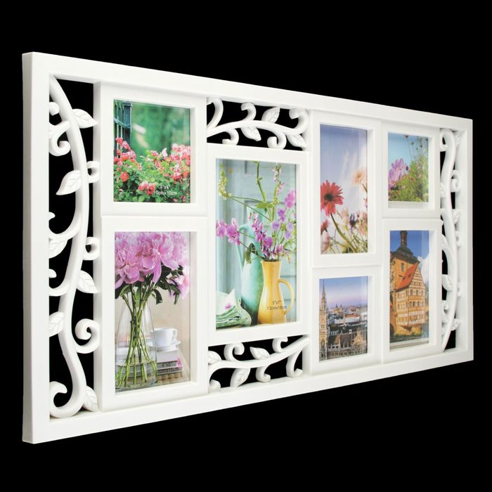 Фоторамка пластик на 7 фото 10х10, 10х15, 13х18 см "Флора" белая 32х63 см