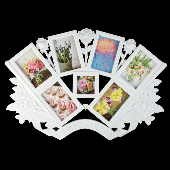 Фоторамка пластик на 7 фото 10х10, 10х15 см "Букет роз" белая 36х67 см