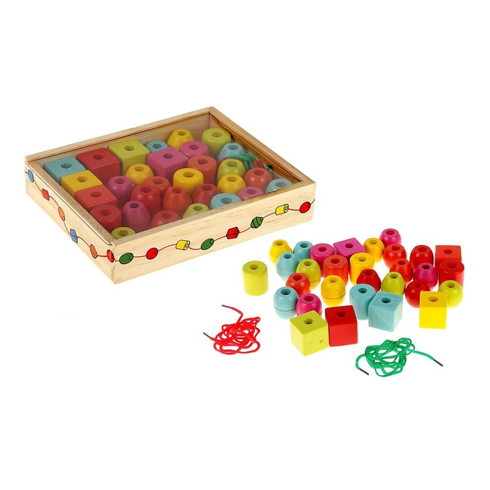 Шнуровка "Геометрик", в деревянной коробке, кубик: 3 × 3 см, шайба: 2,7 × 3 см
