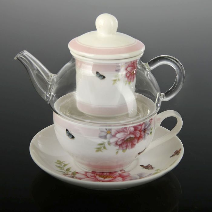 Чайник заварочный 330 мл стеклянный с керамическим ситом, чашкой 200 мл и блюдцем "Патио. Розовый"